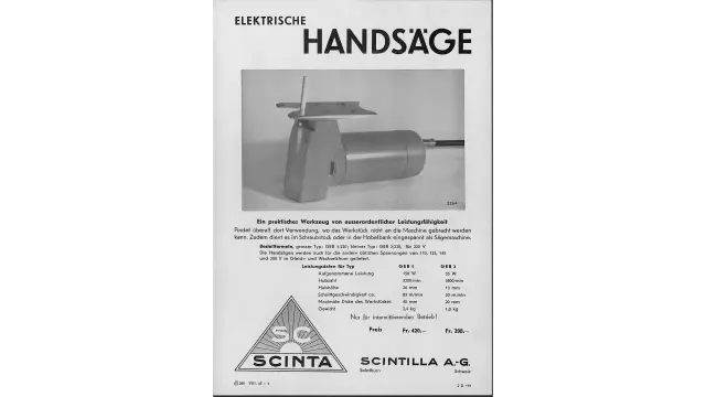 Scintilla-Werbung sw für die elektrische Handsäge. Sie enthält ein Foto des Geräts, beschreibt Anwendungsmöglichkeiten und nennt technische Daten 