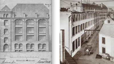 Architektenzeichnung eines Fabrikgebäudes und Fabrikgelände