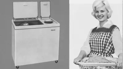 Waschbuffet mit aufgeklappten Deckeln, so dass Waschmaschine und Schleuder erkennbar sind, daneben Frau mit Wäschekorb.