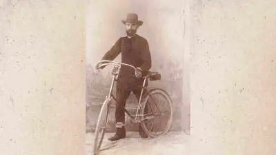 Robert Bosch with a safety bicycle, taken in a photo studio