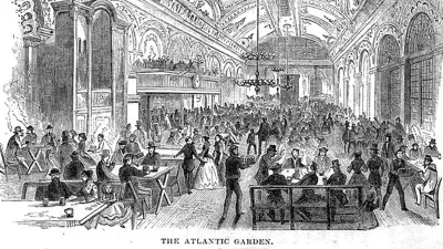 Drawing of the interior of a beer hall