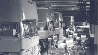 1978 World Cup: Four television trucks with cameras were prepared for shipping to Argentina (1977).