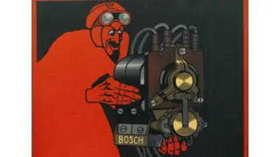 Bosch-Technik sollte immer vorn liegen, und dafür brauchte man Straßenerprobungen. Reklame für Bosch Magnetzündung – in den Händen des „Roten Mephisto“, einer vom belgischen Rennfahrer Camille Jenatzy abgeleiteten Werbefigur, 1911