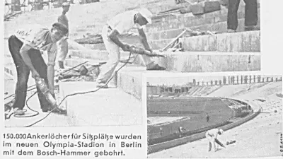 Arbeiter mit Bosch-Hämmern am Treppenbau des Berliner Olympiageländes