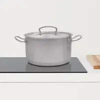 A stainless steel stock pot on an induction cooktop