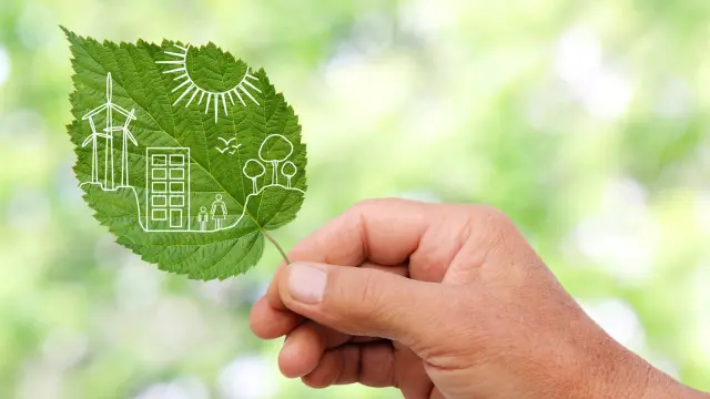 A green leave with sustainable symbols.