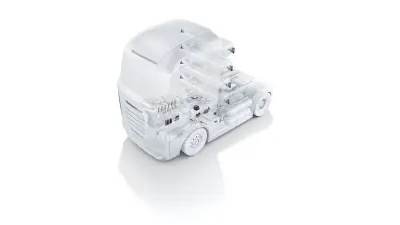 Darstellung des Wasserstoffmotors in einer Konstruktionszeichnung eines LKW-Fahrerhauses