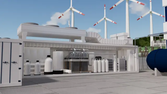 Integration von Hybrion PEM-Elektrolyse-Stacks in eine Containerlösung, die mit erneuerbarer Energie aus einem Windpark im Hintergrund betrieben wird. 