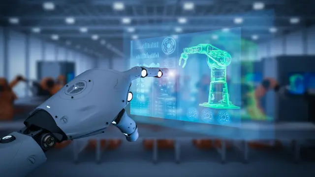Hologram with a robotic manipulator and a hand-like manipulator in front of it