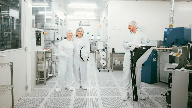 Bosch Research employees in the Bosch Research cleanroom lab in Renningen, Germany.