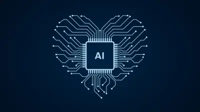 AI processor chip in heart shape design with circuit paths, symbolizing AI career opportunities and social networking.