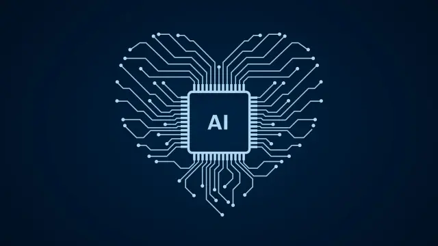 Connect with us: AI processor chip in heart shape design with circuit paths, symbolizing AI career opportunities and social networking.