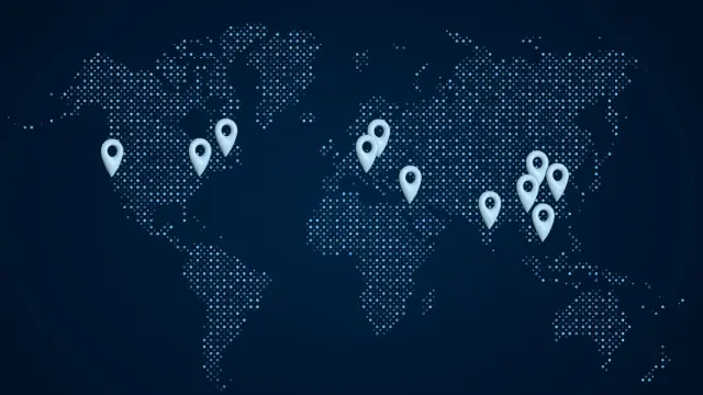 Global AI Research: Bosch AI locations worldwide shown on digital world map with location markers.