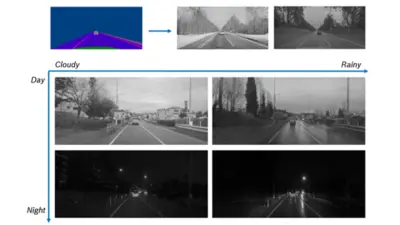 Synthetic data generation matrix showing road scene variations: top row demonstrates semantic segmentation to grayscale conversion, bottom grid shows four weather/lighting combinations (day cloudy, day rainy, night cloudy, night rainy) illustrating how AI models generate diverse training scenarios from limited data.
