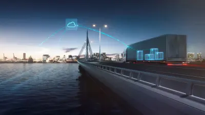 Smart city waterfront at dusk with connected vehicles, digital infrastructure icons, and IoT connectivity symbols, illustrating intelligent services and AI-powered urban mobility solutions in networked environments.