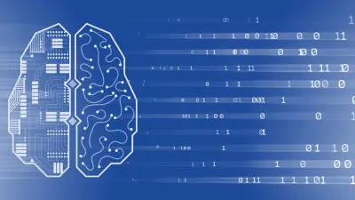 Stylized brain illustration with left hemisphere showing circuit board patterns and right hemisphere displaying neural networks, surrounded by flowing binary code streams, representing Bosch's Natural Language Processing research that combines computational power with cognitive understanding.