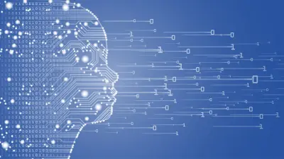 Digital human head profile composed of interconnected dots and network lines on blue background, representing the fusion of neural networks and symbolic reasoning in neuro-symbolic AI research.
