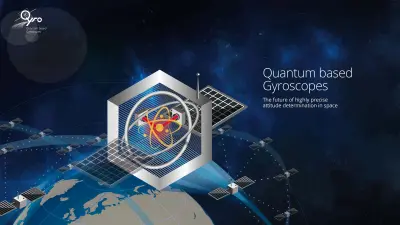 An illustrated graphic visualizing quantum sensors as they control satellites in space, with the caption: “Quantum based Gyroscopes – The future of highly precise attitude determination in space”.
