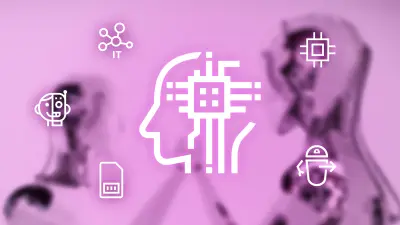 Das Bild stellt den Forschungsbereich Künstliche Intelligenz bei Bosch Research dar. Als großes Hauptsymbol ist ein menschlicher Kopf mit einem Computerchip in der Mitte platziert, umgeben von weiteren Symbolen, die die verschiedenen Aspekte der Künstlichen Intelligenz darstellen: ein IT-Netzwerkvektor, ein Datenträgersymbol sowie ein „Halb-Mensch-halb Roboterkopf“, der die Interaktion zwischen menschlicher und künstlicher Intelligenz symbolisiert.