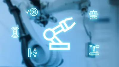 The picture shows the “automation” research field at Bosch Research. A robot gripper arm is positioned in the middle as the large main symbol. It is surrounded by other symbols which represent the various aspects of automation such as a robot, a production system with a WLAN symbol and other symbols such as intelligent sensors which form the basis for automation.