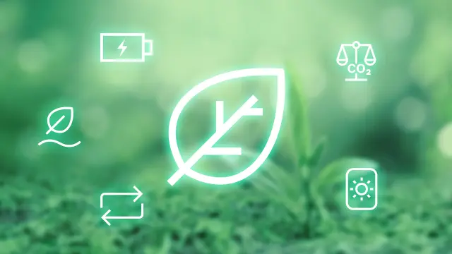 The picture represents the “climate action and sustainability” research field at Bosch Research. A leaf is positioned in the middle as the large main symbol. It is surrounded by other symbols which represent the various aspects of climate action and sustainability: A pair of scales with CO2, two arrows as a symbol of the circular economy and a sun symbol are important building blocks for a sustainable future.