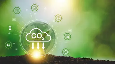 Bosch Research is researching the capture of CO2 from the atmosphere. The graphic shows a green, slightly blurred landscape in the background. In the foreground, there is a cloud icon with the inscription “CO2” and arrows pointing to the Earth. The Earth can be seen at the bottom of the picture. Smaller icons are arranged in a circle around the large cloud icon. These symbolize industries that contribute to lower CO2 emissions such as electromobility or the electrification of buildings.