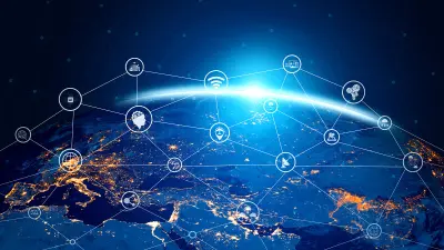 Die Welt, zu sehen bei Nacht, ist verbunden durch ein Netzwerk bestehend aus Technologien wie Mobilfunk, 5G und IoT.