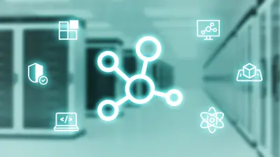 Symbol for digitalization and connectivity at Bosch Research: A large connectivity icon with connected circles is shown in the center. The background is blue and shows a server room. Six smaller icons are arranged around the connectivity icon. They represent various aspects of digitalization and connectivity.