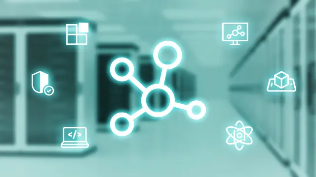 Symbol for digitalization and connectivity at Bosch Research: A large connectivity icon with connected circles is shown in the center. The background is blue and shows a server room. Six smaller icons are arranged around the connectivity icon. They represent various aspects of digitalization and connectivity.
