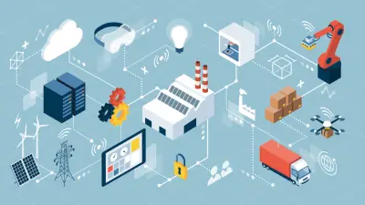 Bild das verschiedene Anwendungsbereiche von verteilten Systeme zeigt. Symbolisch werden Fabriken, Logistik, Automatisierung oder Cloud Computing dargestellt.