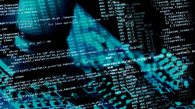 Computer programming with white source code on a blue electronic background.