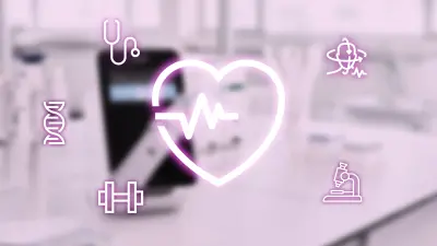 The picture represents the “healthcare” research field at Bosch Research. A heart with the outline of a pulse is positioned in the middle as the large main symbol. It is surrounded by other symbols which represent the various aspects of healthcare: A stethoscope, a head symbol with a number of arrows, a microscope, a dumbbell and a DNA strand represent research in the area of medical technology.