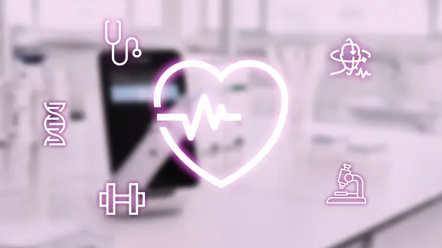 The picture represents the “healthcare” research field at Bosch Research. A heart with the outline of a pulse is positioned in the middle as the large main symbol. It is surrounded by other symbols which represent the various aspects of healthcare: A stethoscope, a head symbol with a number of arrows, a microscope, a dumbbell and a DNA strand represent research in the area of medical technology.