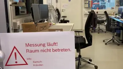 The do not enter sign of AI-based Smart Test Facility Automation used in the control room in the Bosch Research facility in Renningen, Germany.