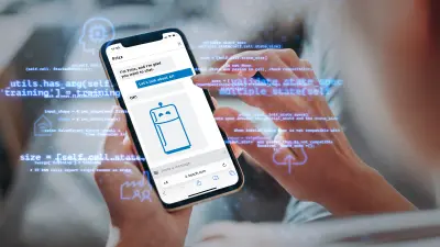 Two hands hold a smartphone that shows the AI Chatbot Frizz. The motif is overlaid with lines of code.