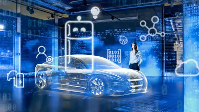 A woman in business attire stands in a digital showroom in front of a virtually superimposed sports car.