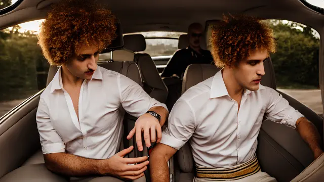 Two people, generated with the help of artificial intelligence, are inside a vehicle.