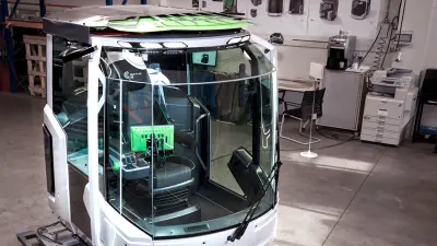 Front view of Genius Cab, the innovative driver’s cab of the future for construction and agricultural machinery.
