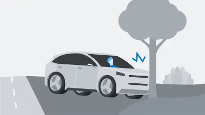 Illustration of a car that has gone off the road and hit a tree.