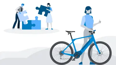 Illustration of a person standing next to an eBike while two people in the background solve a big puzzle together.