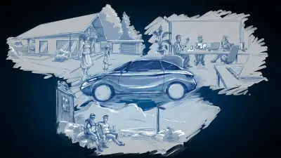 Zeichnung: ein Auto zwischen Haus, Arbeit und Freizeit