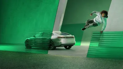 Rendering of a car driving between stylized green bars. Next to it, a young man jumps through the air.