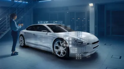Rendering of a woman holding her smartphone in front of a car. Software code floats around the car.