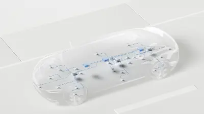 Graphik eines durchsichtigen Autos mit markierten elektronischen Komponenten