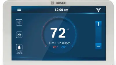 Digital display of a connected thermostat showing 72 degrees Fahrenheit.