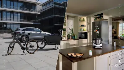 Split-Screen image showing Bosch eBikes, Cookit and the Bosch AI oven