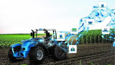 A tractor drives across a field. Behind you can see a graphic representing the Nevonex solution from Bosch.