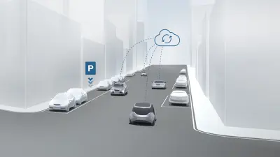 Das Bild zeigt eine Infografk die erklärt, welche Rolle Sender- und Empfängerfahrzeuge beim Bosch Community-based Parking spielen.