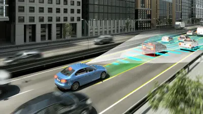 Infographics of autonomous cars in road traffic.