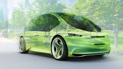 The graphic shows a transparent car that merges with the green background of a city park.